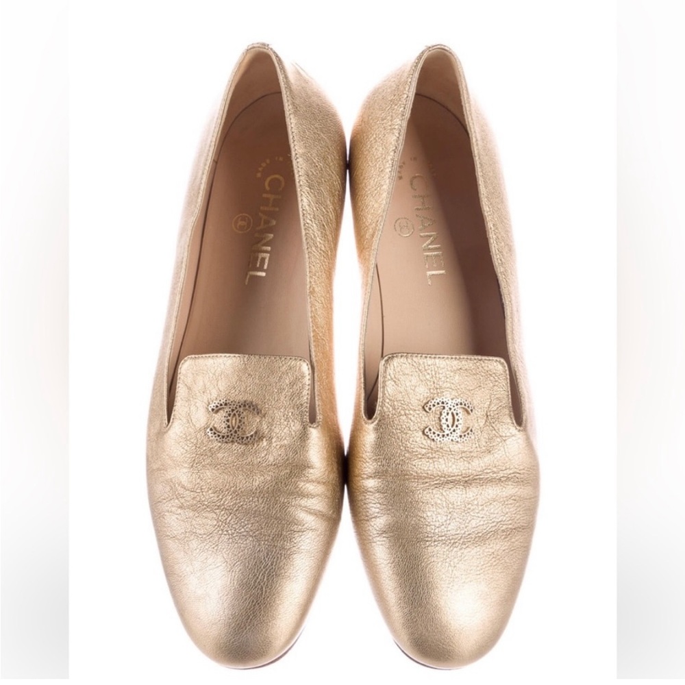 Chanel gold loafers